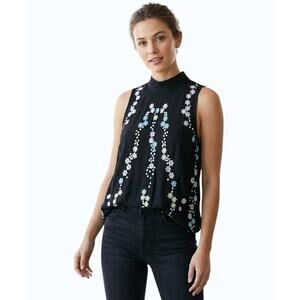 NWT Kaari blue  True Black Embroidered Abstract Floral Rayon Top XS
